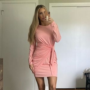 Pink long sleeve tie waist dress